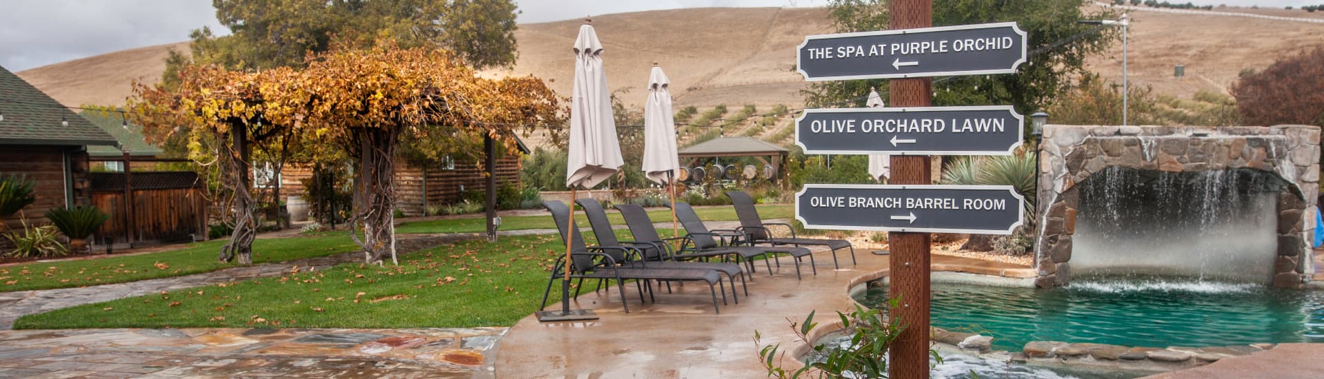 A scenic outdoor area features directional signs and lounge chairs beside a small pool and waterfall.
