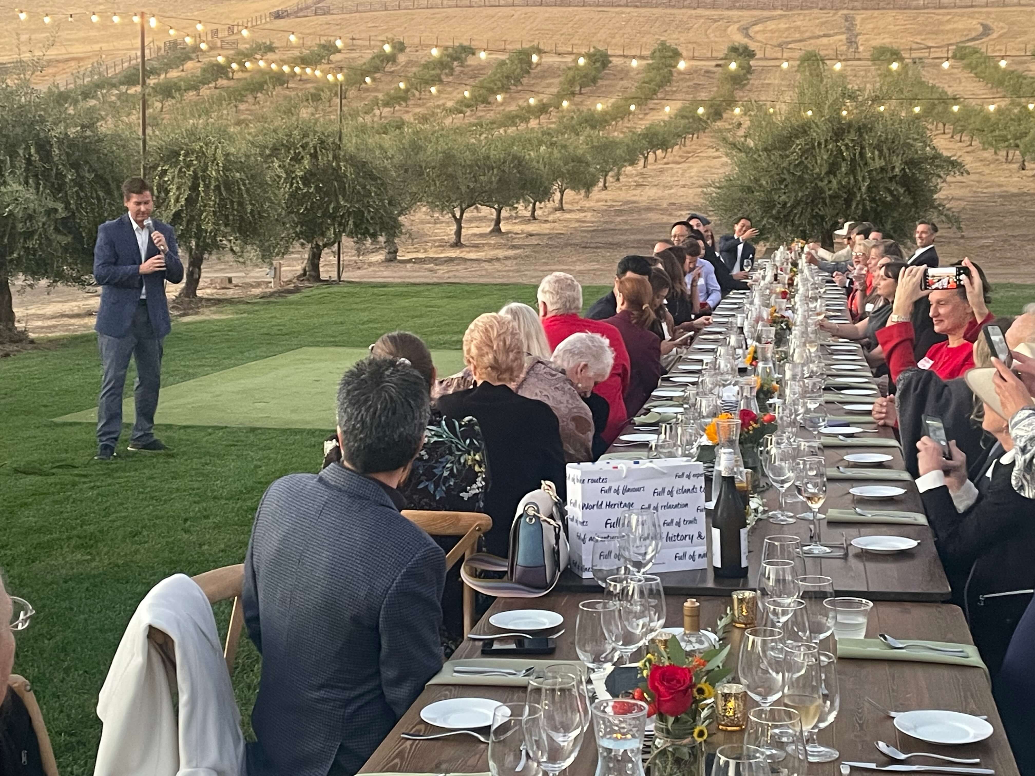 A speaker addresses an outdoor gathering at a long dining table surrounded by glowing string lights and vineyards.