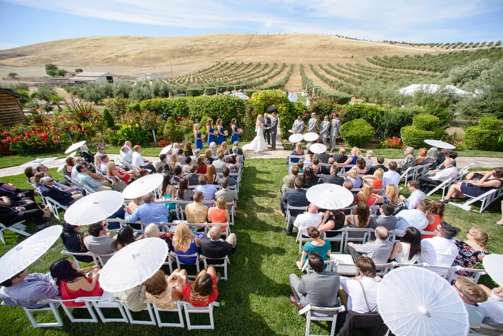 A wedding ceremony takes place outdoors with guests seated under white parasols, surrounded by a scenic landscape of hills and vineyards.