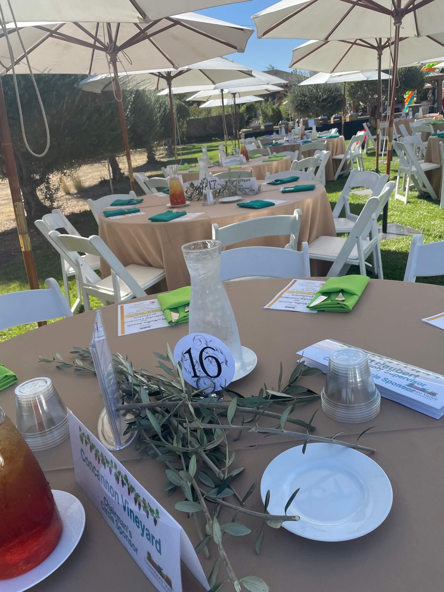Outdoor dining setup with tables under umbrellas, featuring green and beige decor.
