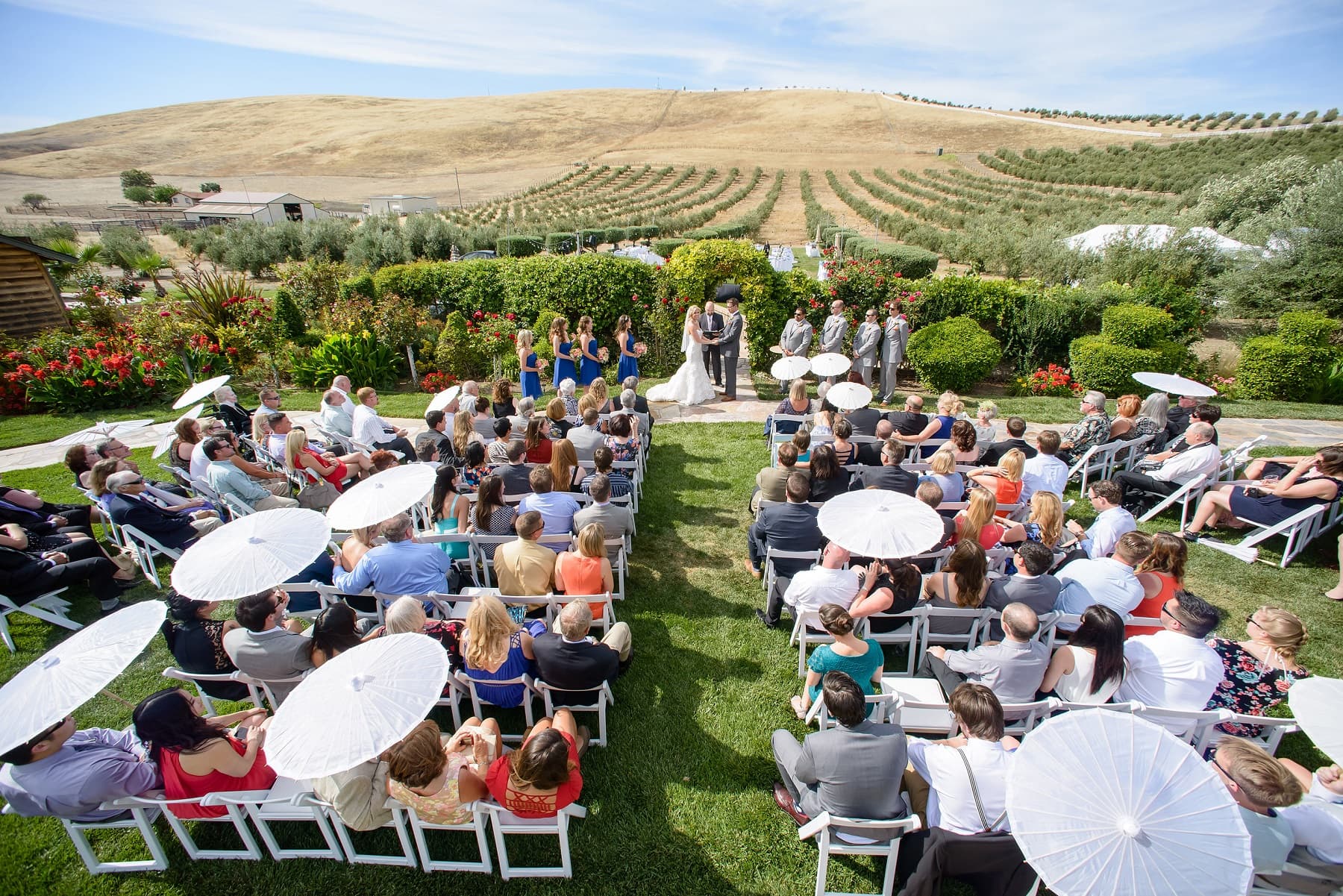 A wedding ceremony takes place outdoors with guests seated under white umbrellas, surrounded by greenery and rolling hills.