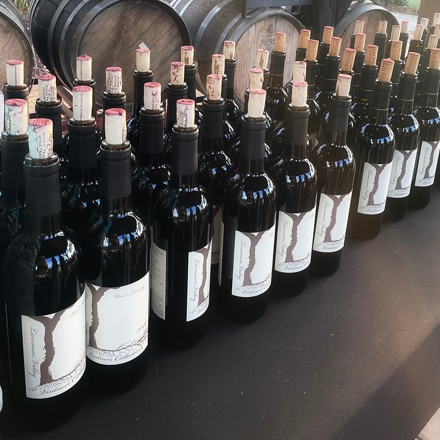 A row of wine bottles with corks and labels on a table, with wooden barrels in the background.